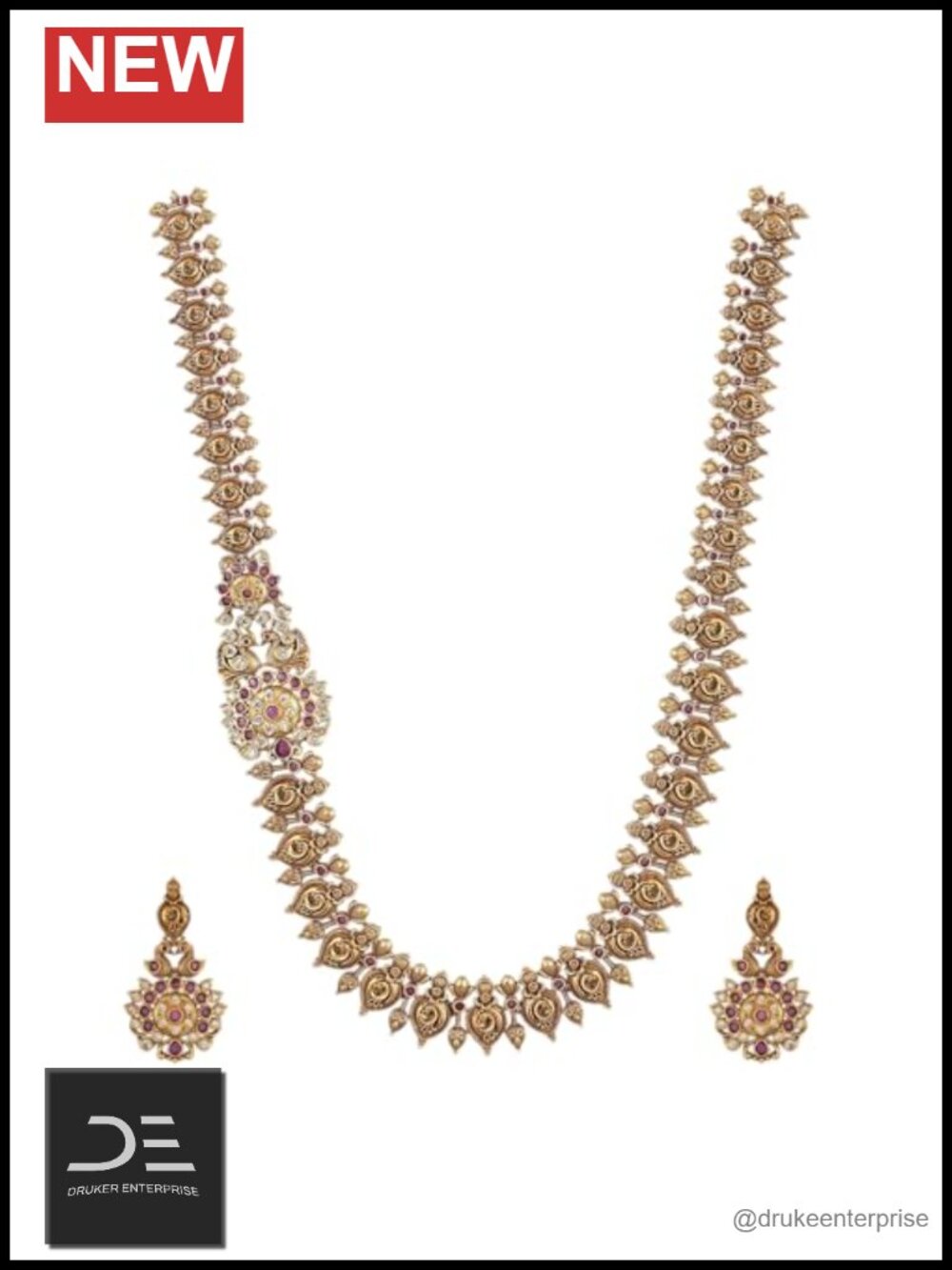 Antique Indian Long Necklace Set - Gold Plated Brass CZ Jewelry